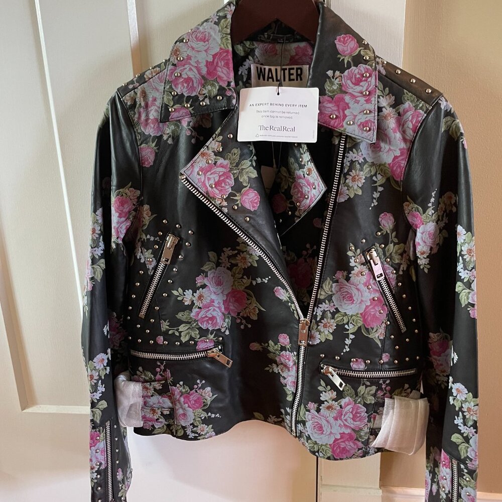 NWT Walter Baker Floral Black Leather Jacket Size M - Picture 6 of 7